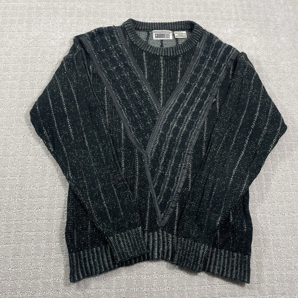 VTG 80s Gabrielle Black & Gray Acrylic Leather Sz‎ Large Geometric Knit Sweater